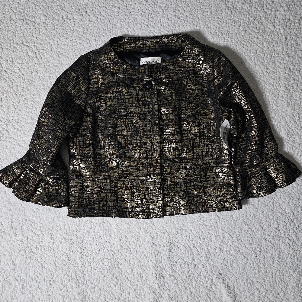 Victor Costa Women's 12 Metallic Gold Cropped Jacket Bell Sleeve Cotton blend